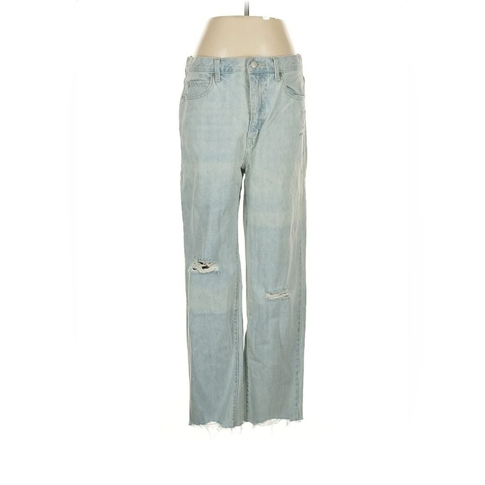Uniqlo Relaxed Tapered Jeans Womens 27 Light Wash Distressed Raw Hem Streetwear
